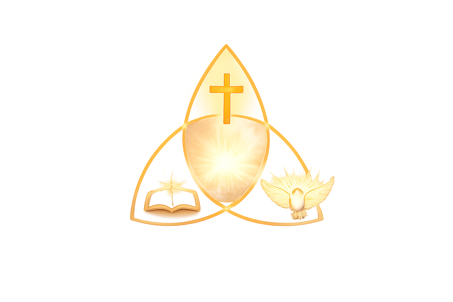 Symbolic representation of the Holy Trinity featuring a cross, a dove, and an open Bible, all illuminated in a golden glow.